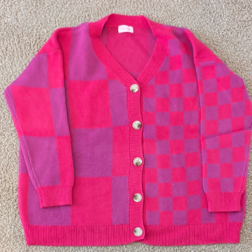 Pink Lily Hot Pink & Purple Checkerboard Cardigan